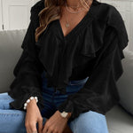 Full Size Ruffled V-Neck Button Down Flounce Sleeve Blouse