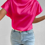 Ruched Mock Neck Short Sleeve Blouse