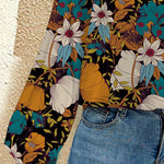 Printed Notched Long Sleeve Blouse