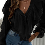Full Size Ruffled V-Neck Button Down Flounce Sleeve Blouse
