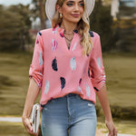 Printed Roll-Tab Sleeve Notched Neck Blouse
