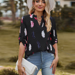 Printed Roll-Tab Sleeve Notched Neck Blouse