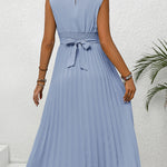 Pleated Round Neck Cap Sleeve Dress