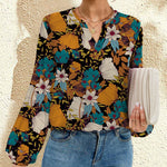 Printed Notched Long Sleeve Blouse