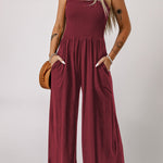 Smocked Square Neck Wide Leg Jumpsuit with Pockets
