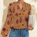 Printed Notched Long Sleeve Blouse