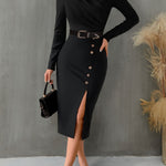 FAM-FAM Slit Mock Neck Long Sleeve Midi Dress