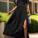 Perfee Lace Detail Slit V-Neck Short Sleeve Dress