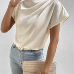 Ruched Mock Neck Short Sleeve Blouse