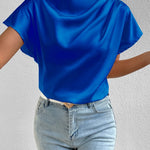 Ruched Mock Neck Short Sleeve Blouse