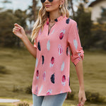 Printed Roll-Tab Sleeve Notched Neck Blouse