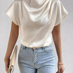 Ruched Mock Neck Short Sleeve Blouse