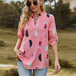 Printed Roll-Tab Sleeve Notched Neck Blouse