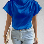 Ruched Mock Neck Short Sleeve Blouse