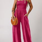 Smocked Square Neck Wide Leg Jumpsuit with Pockets