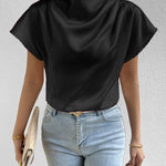 Ruched Mock Neck Short Sleeve Blouse