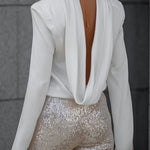 Backless Cowl Neck Long Sleeve Blouse