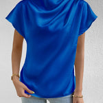 Ruched Mock Neck Short Sleeve Blouse