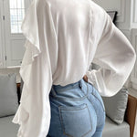 Full Size Ruffled V-Neck Button Down Flounce Sleeve Blouse