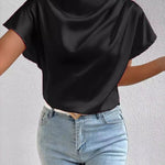 Ruched Mock Neck Short Sleeve Blouse