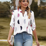 Printed Roll-Tab Sleeve Notched Neck Blouse