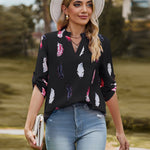 Printed Roll-Tab Sleeve Notched Neck Blouse