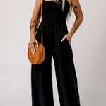 Smocked Square Neck Wide Leg Jumpsuit with Pockets