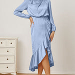 Mock Neck Ruffled Asymmetrical Dress