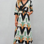 Printed Three-Quarter Sleeve Tied Midi Dress