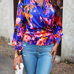 Printed Surplice Neck Long Sleeve Blouse