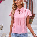 Tie Neck Frill Trim Puff Sleeve Top