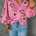 Heart Sequin Half Snap Mineral Wash Sweatshirt