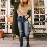 Pre order HIGH RISE PATCHED BUTTON UP RAW HEM ANKLE SKINNY