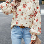 Floral Print Mock Neck Lantern Sleeve Blouse