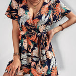 Botanical Print Surplice Neck Tie Waist Romper