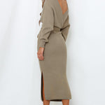 Surplice Neck Bow Waist Slit Sweater Dress