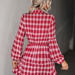 Plaid Band Collar Drawstring Shirt Dress