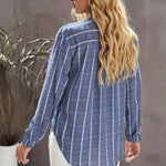 Striped V-Neck High-Low Shirt with Breast Pocket