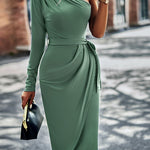 One-Shoulder Pleated Detail Belted Dress