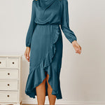 Mock Neck Ruffled Asymmetrical Dress