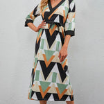 Printed Three-Quarter Sleeve Tied Midi Dress
