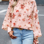 Floral Print Mock Neck Lantern Sleeve Blouse