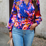 Printed Surplice Neck Long Sleeve Blouse