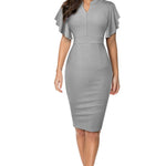 Notched Neck Flutter Sleeve Pencil Dress