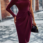 One-Shoulder Pleated Detail Belted Dress
