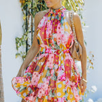 Floral Polka Dot Belted Sleeveless Mini Dress