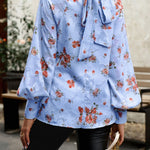 Floral Print Mock Neck Lantern Sleeve Blouse