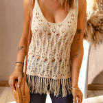 Sleeveless Cable-Knit Fringe Detail Open Work Top