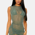 Pre Order Sage Full Coverage Ruched Mesh Sleeveless Pool Swimwear Coverup Dress