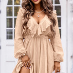 Ruffle Trim V-Neck Long Sleeve Mini Dress